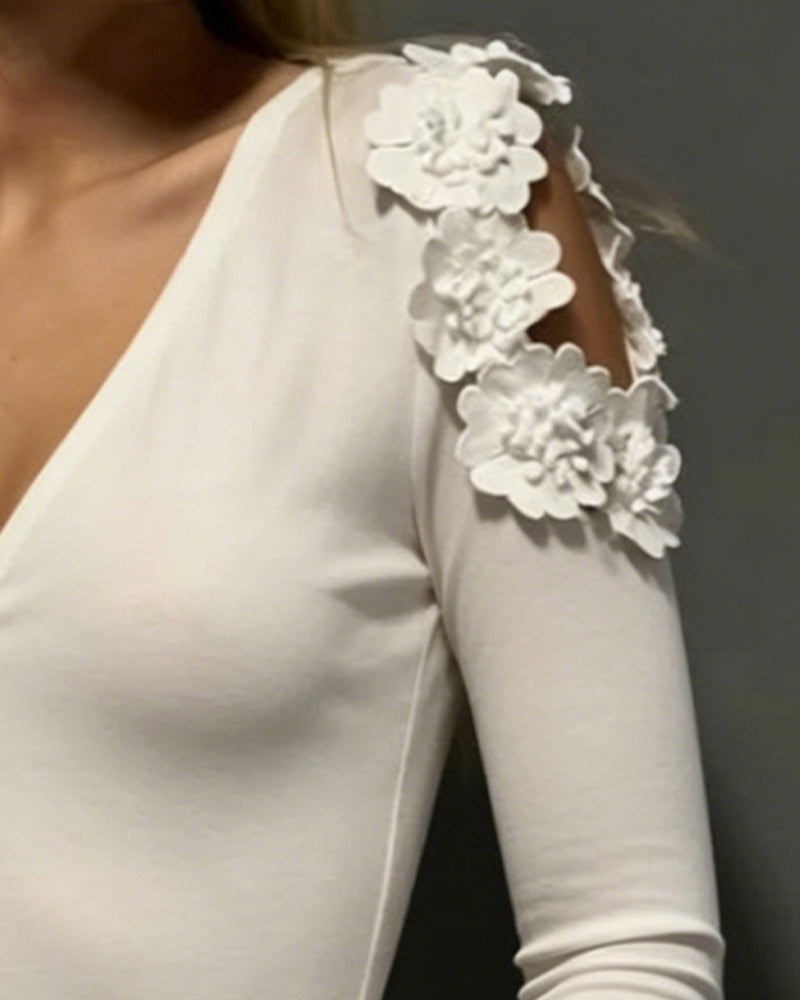V-Neck Cold Shoulder Patchwork Floral T-Shirt