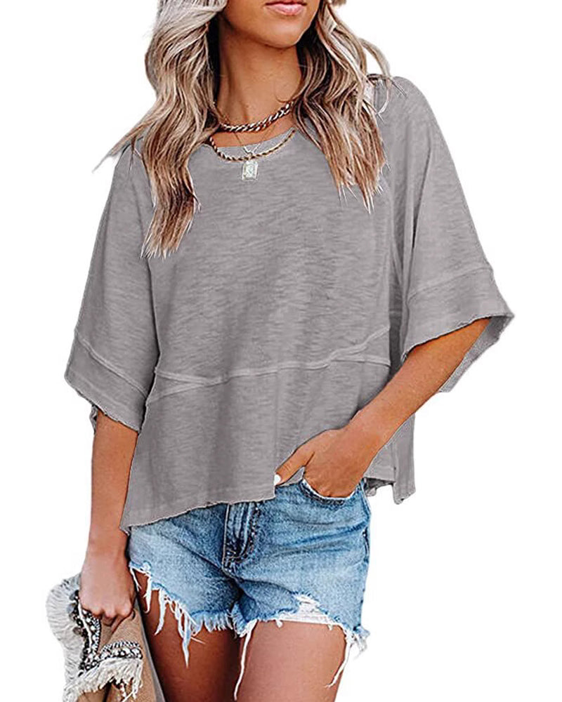 Panel Solid Color Flared Sleeve T-Shirt