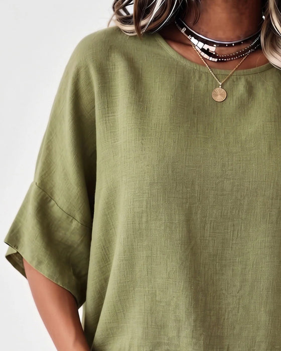 Crew Neck Fringe Elbow-Length Sleeve Solid Blouse