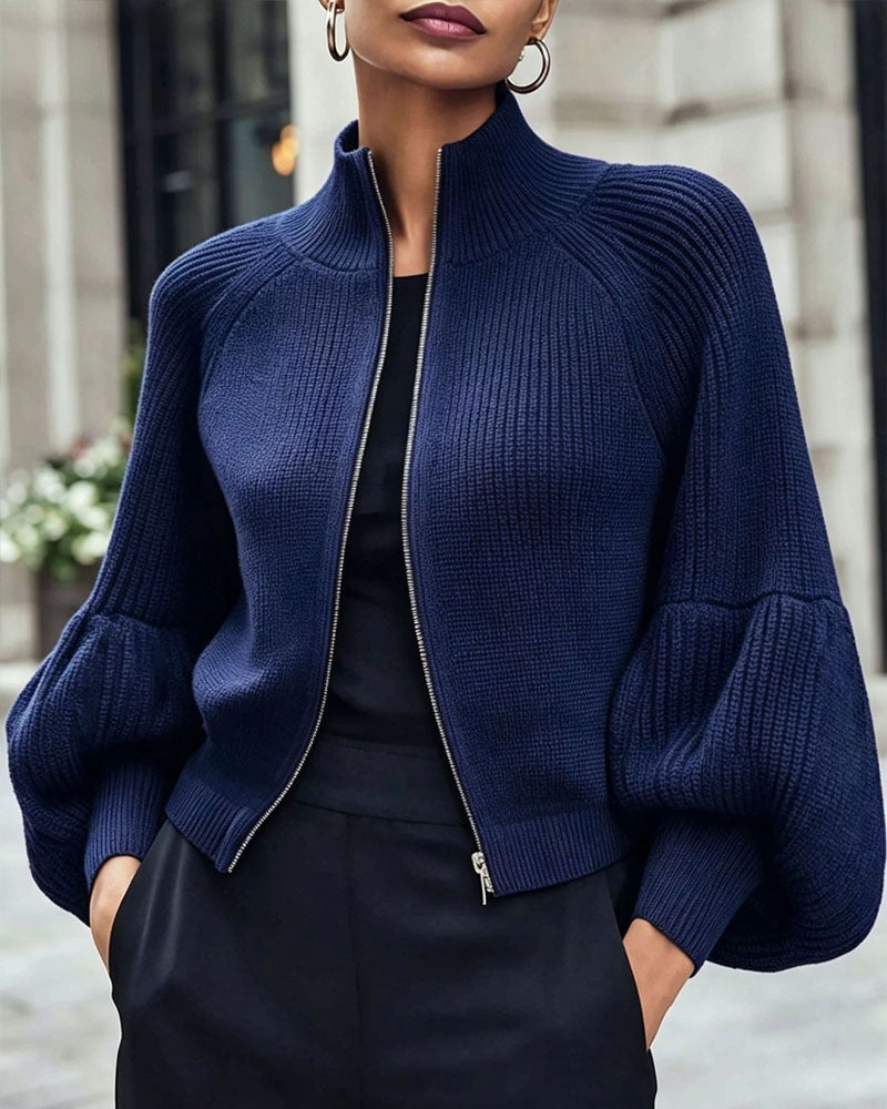 Stand-Collar Zipper Lantern Sleeve Coat