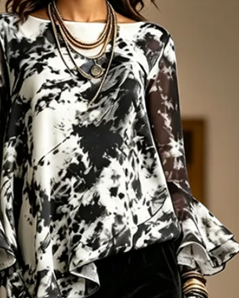 Ink Tie-Dye Ruffle Blouse