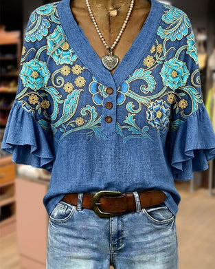 Bohemian Print V-Neck Vintage Blouse