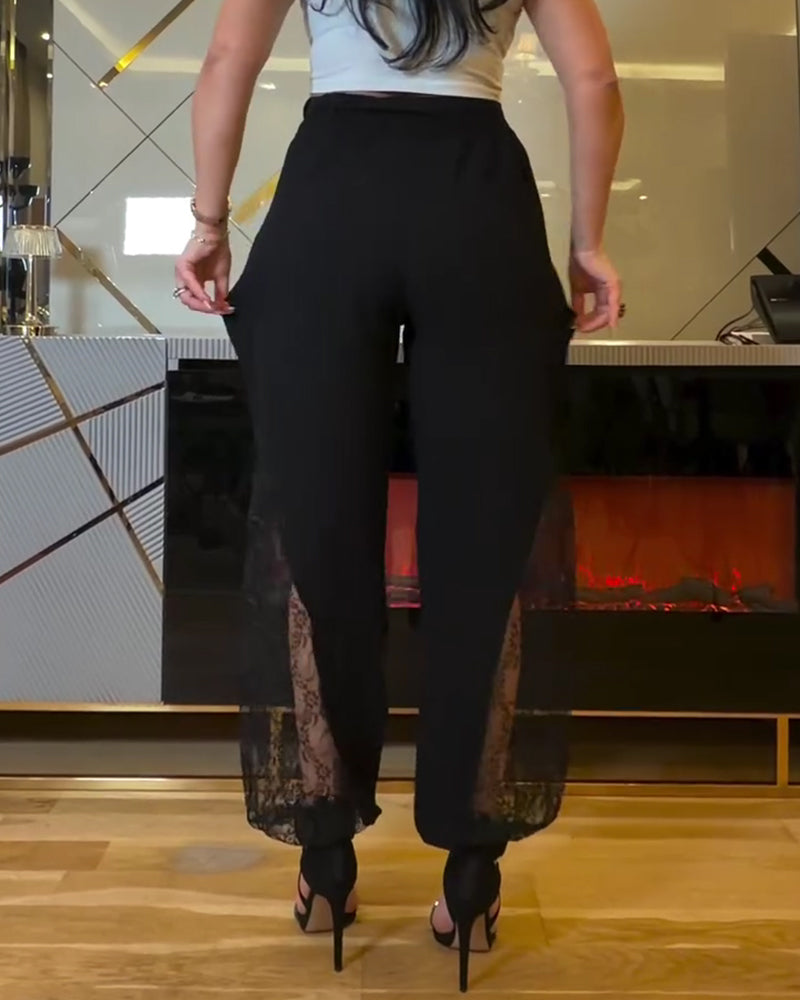 Elastic Waist Lace-Paneled Pants