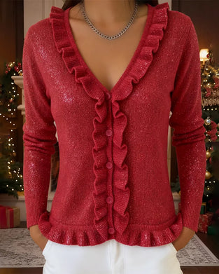 V-Neck Ruffle Trim Cardigan