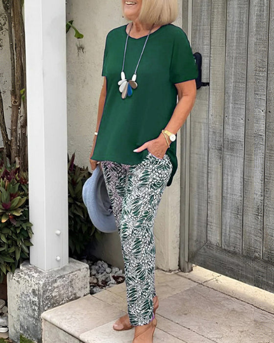Solid Color Print Casual Set