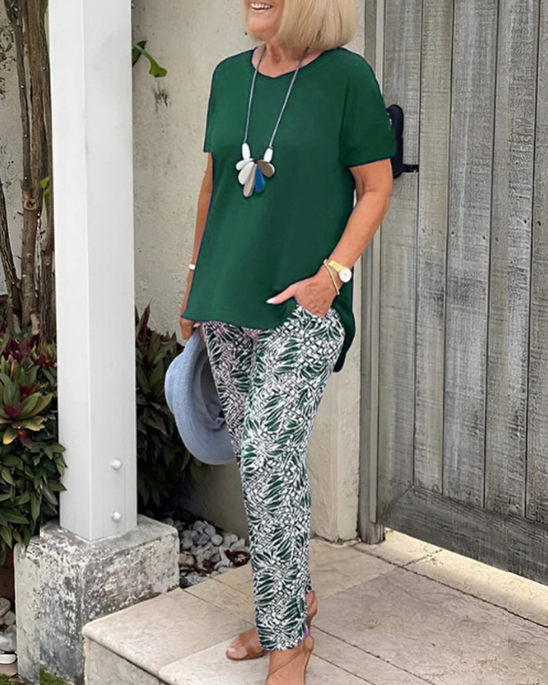 Solid Color Print Casual Set