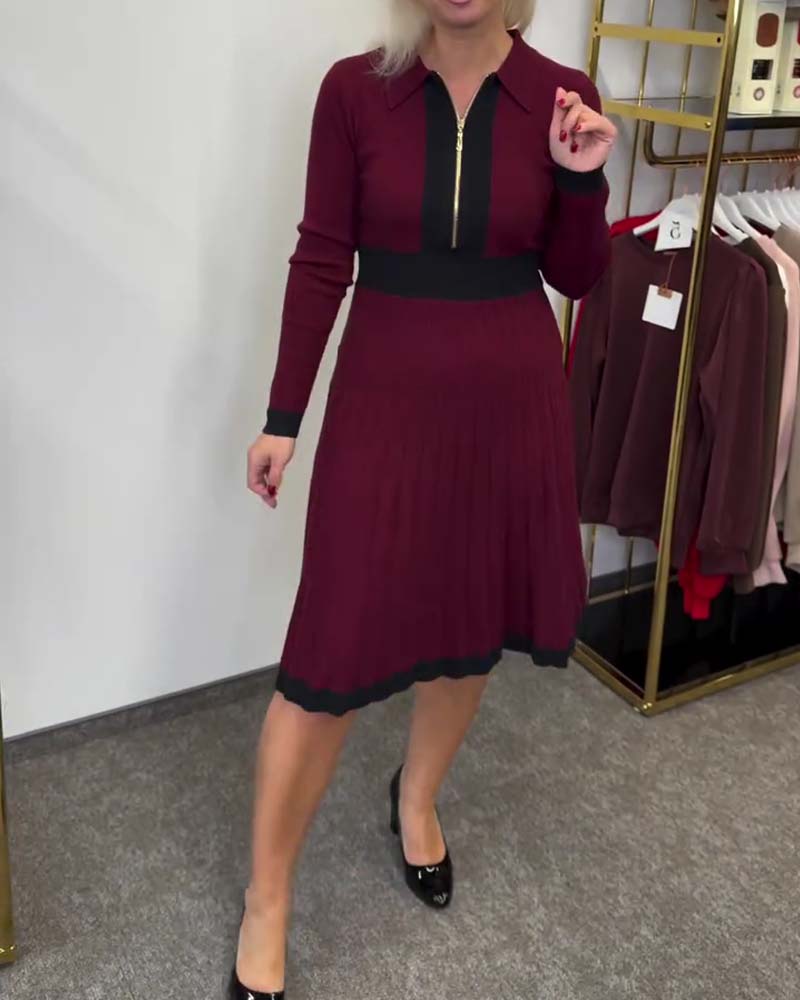 Half-Zip Collared Color-Block Dress