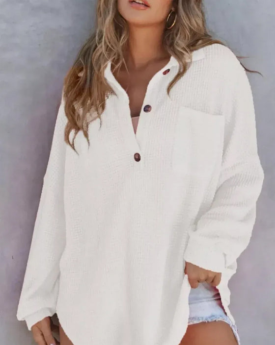 Solid Button-Down Loose Lapel Blouse