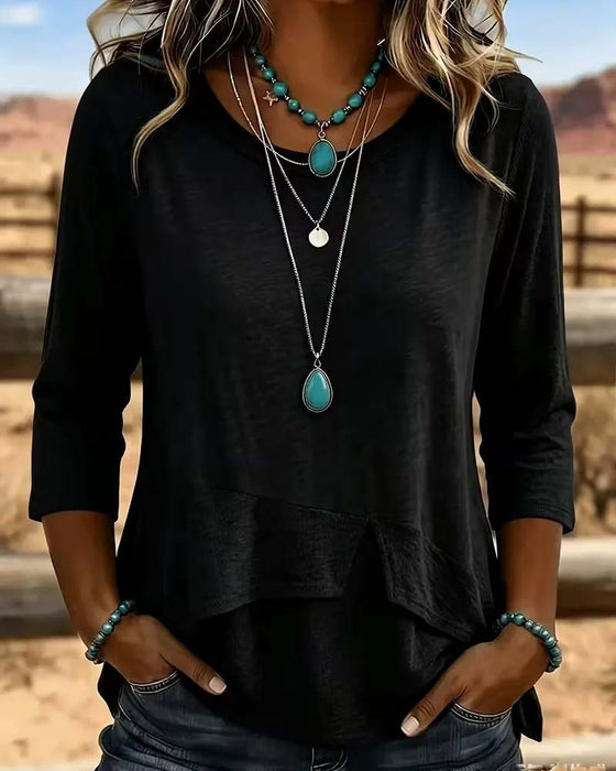 Crew Neck Patchwork Asymmetric Hem Top
