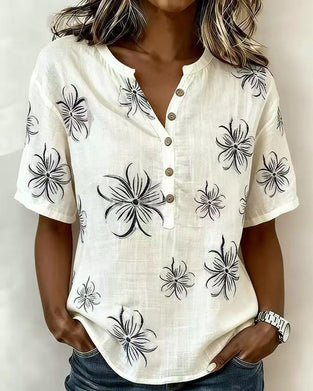 Crew Neck Button Down Floral Casual Blouse