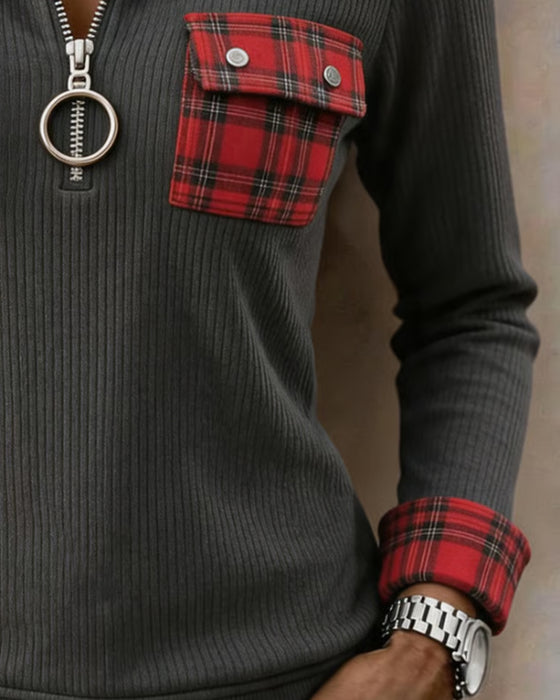 Plaid Patchwork Half Zip Sweatshirt