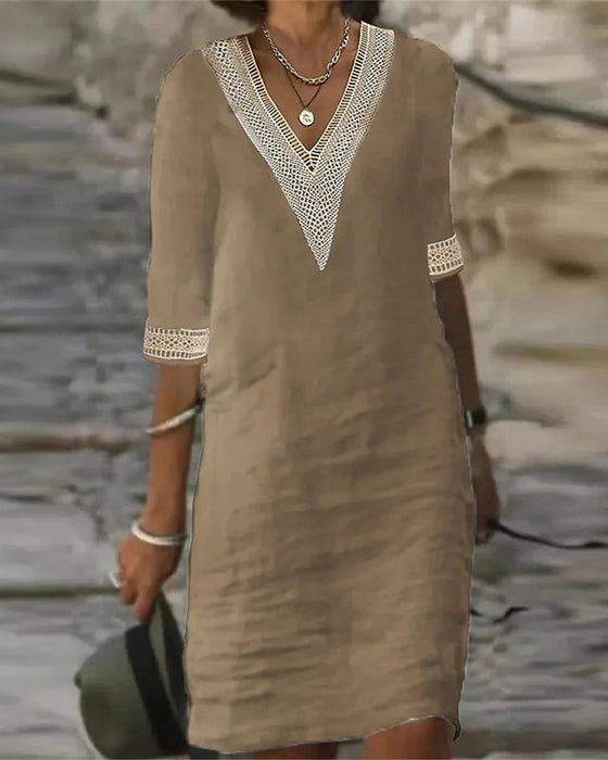 Three-Quarter Sleeve V-Neck Lace Patchwork Dress