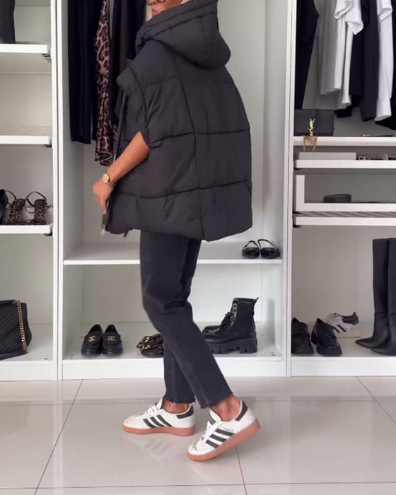 Hooded solid color zipper short sleeve padded jackets