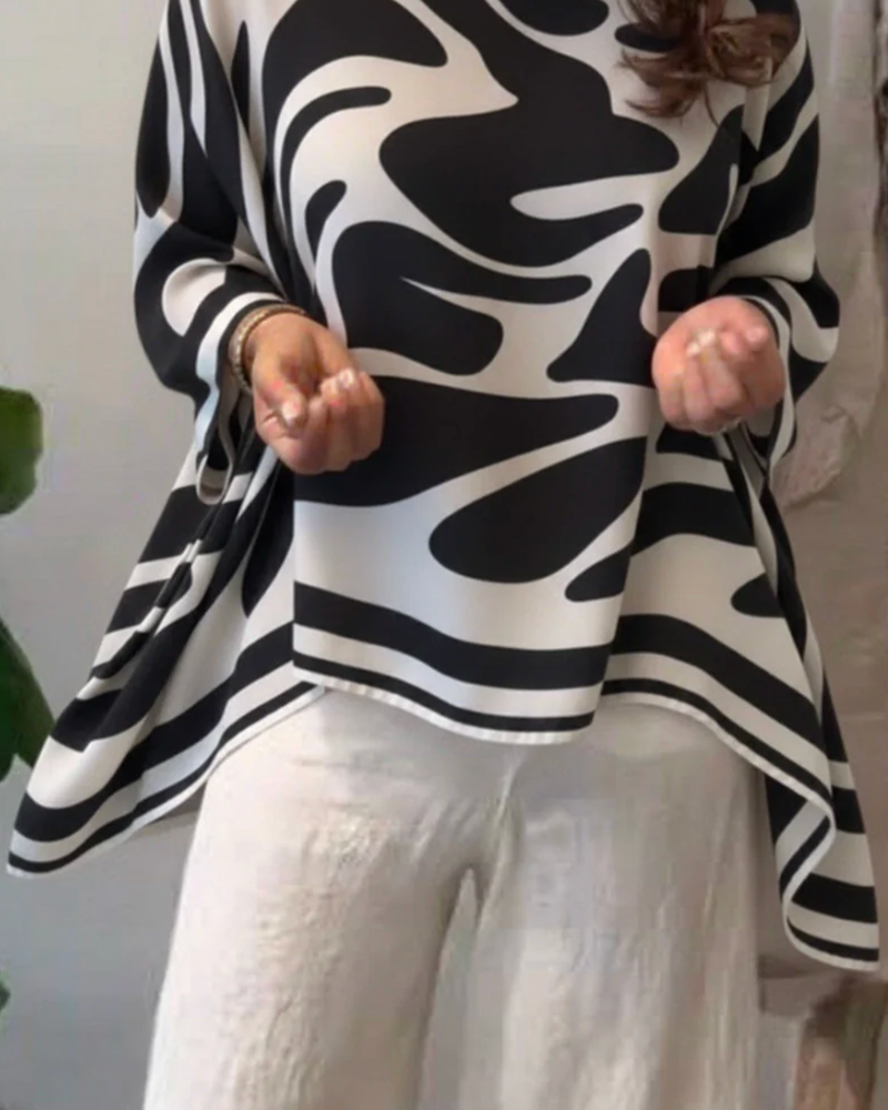 Zebra Pattern Bat Sleeves Round Neck Blouse