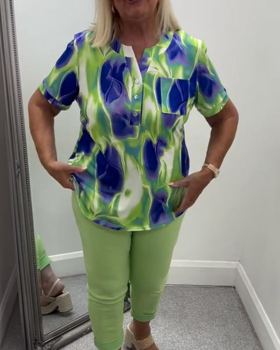 Henley Neck Ombre Print Short Sleeve Pocket Blouse