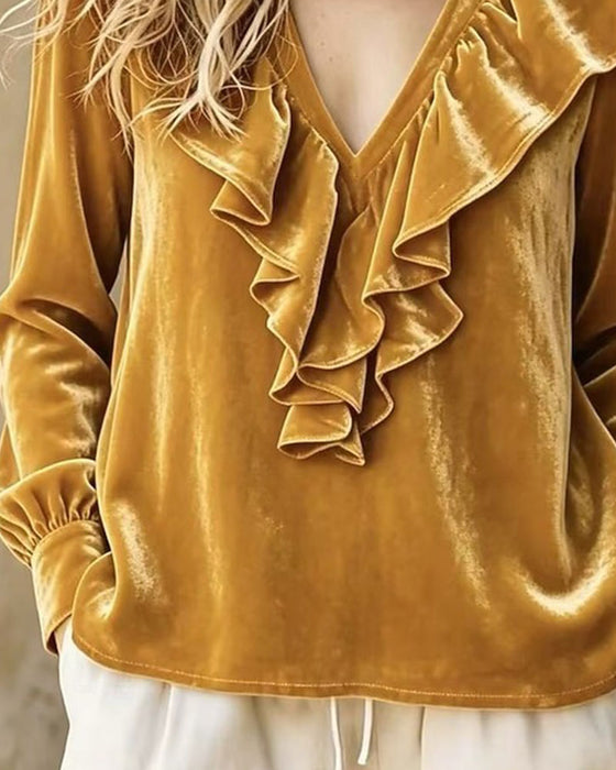 Ruffled V-Neck Long-Sleeved Top