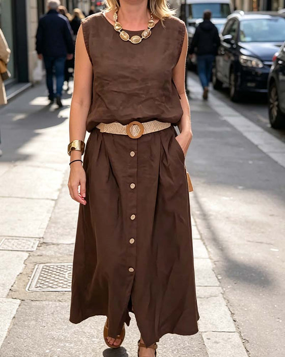 Crew Neck Sleeveless Button Set