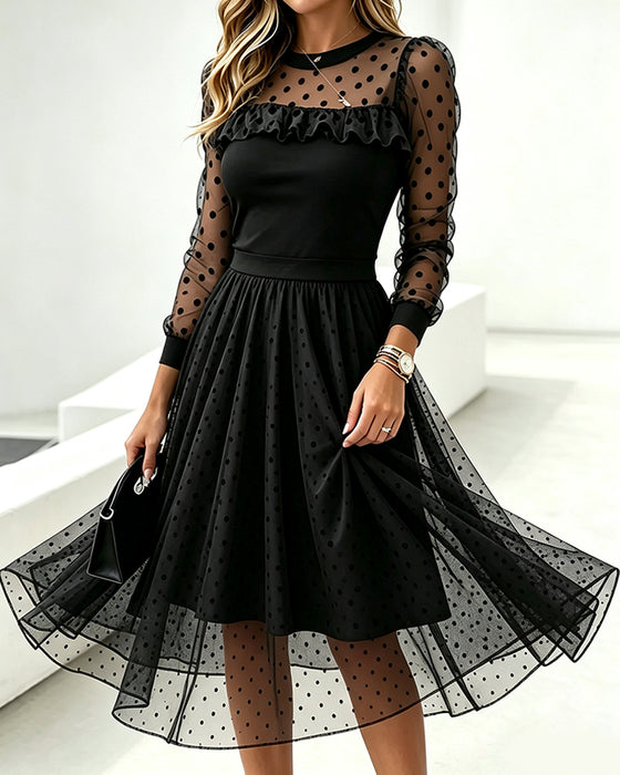 Round Neck Polka Dot Lace Paneled Dress