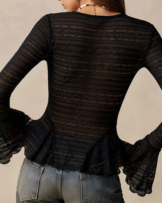 V-Neck Lace Paneled Trumpet Sleeve Blouse