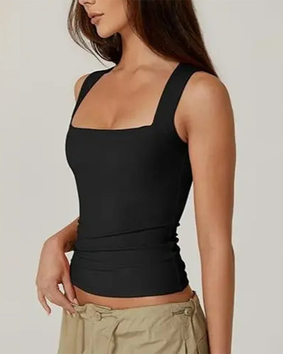 Square Neck Ribbed Solid Tank Top
