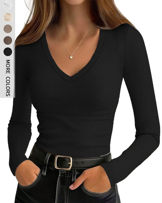 Long Sleeve V-Neck Solid Color Top