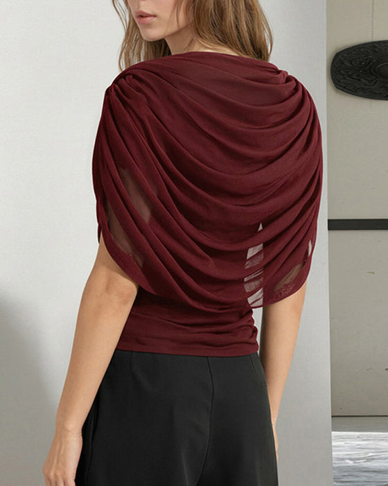 Mesh Scarf Neck Draped Slim Fit Blouse