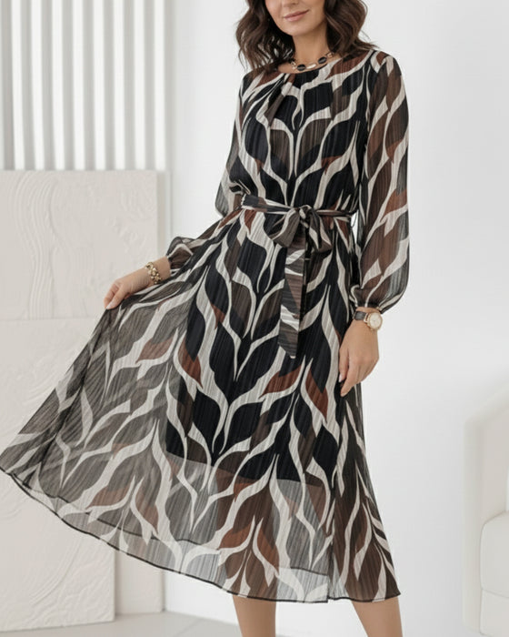 Crew Neck Tie-Waist Printed Dress