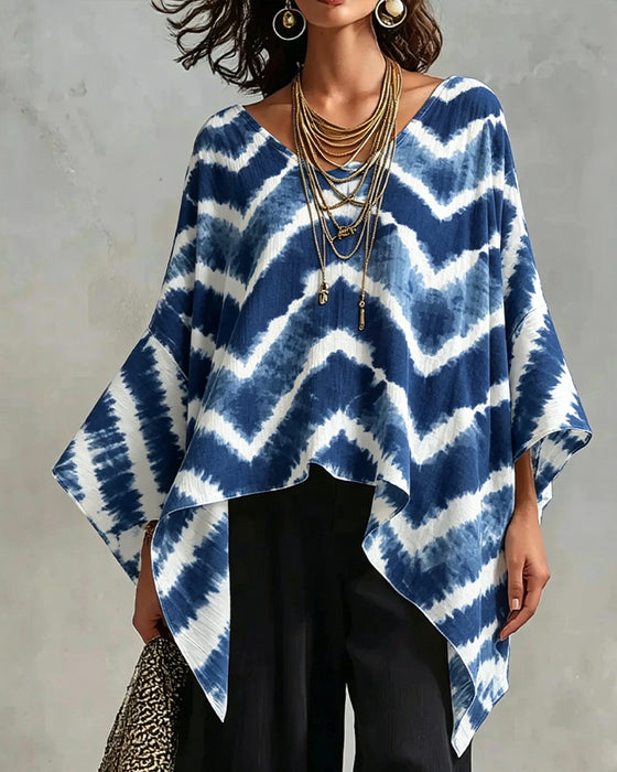 V-Neck Colorblock Patchwork Batwing Blouses
