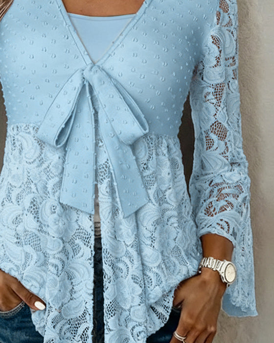 Solid Color Bell Sleeve V-Neck Blouse