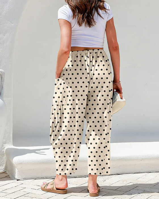 Drawstring Polka Dot Pocket Wide-Leg Cropped Pants