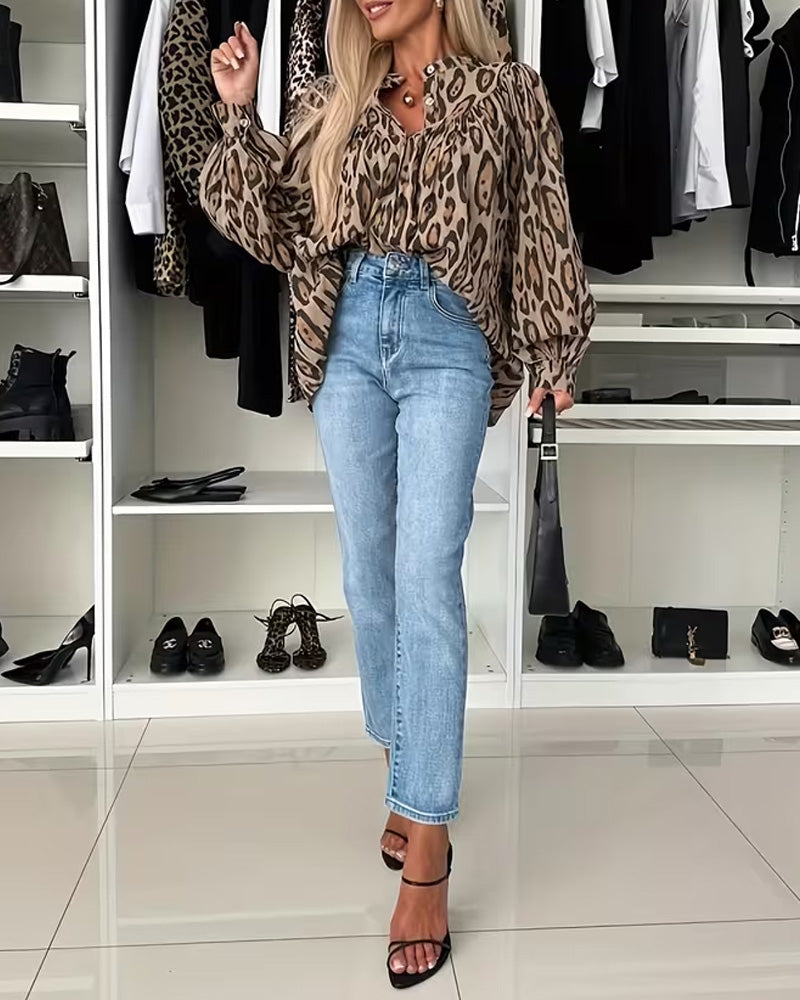 Long Sleeve Leopard Print Blouse