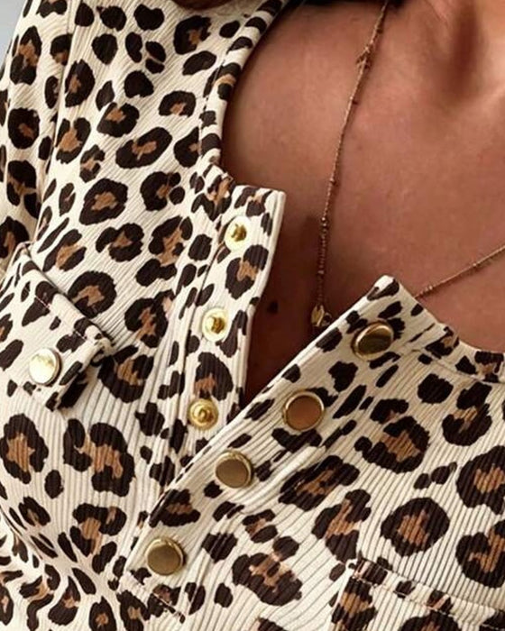 Henley Neck Leopard Print Short Sleeve Blouse