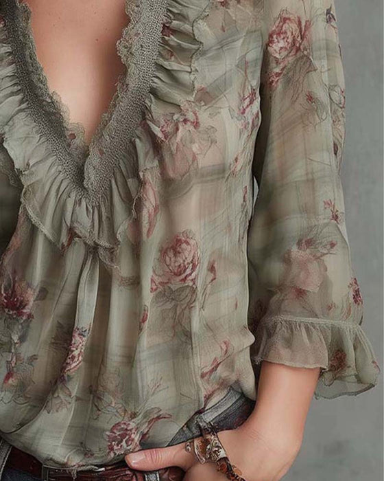 Floral V-Neck Ruffled Blouse