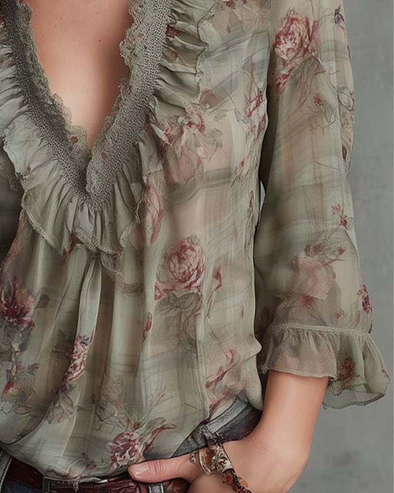 Floral V-Neck Ruffled Blouse