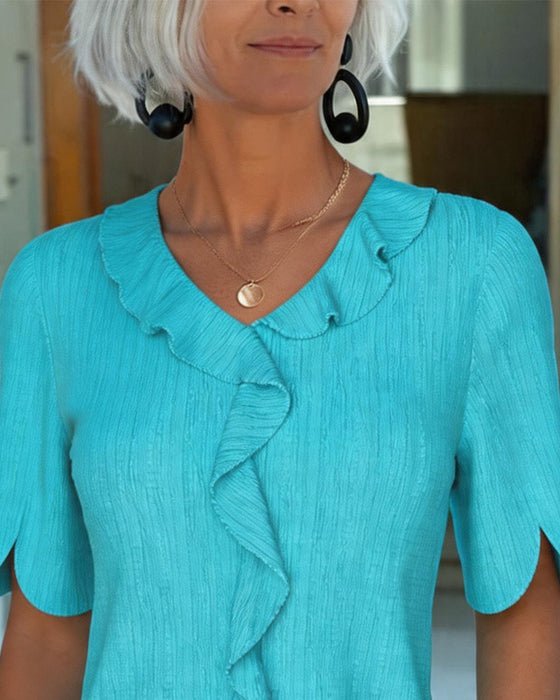 Ruffle Collar Short-Sleeve Slit Blouses
