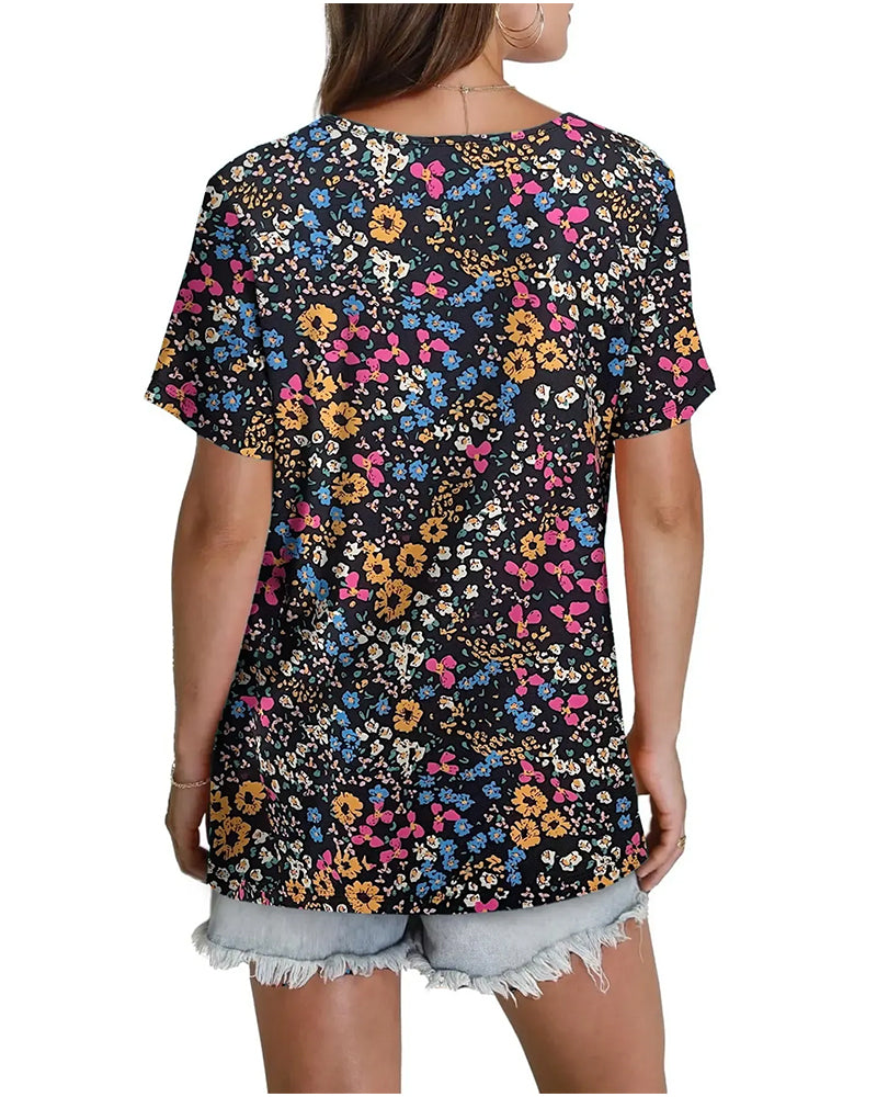 Floral V-Neck Short-Sleeved Blouse