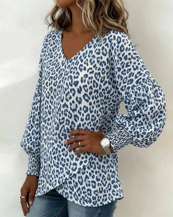 Leopard Lantern-Sleeve V-Neck Top