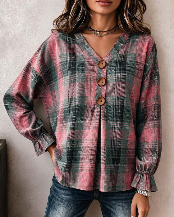 Plaid V-Neck Wooden Button Ruffle Sleeve Blouse