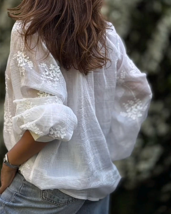 Long-Sleeved Three-Dimensional Floral Semi-Sheer Top