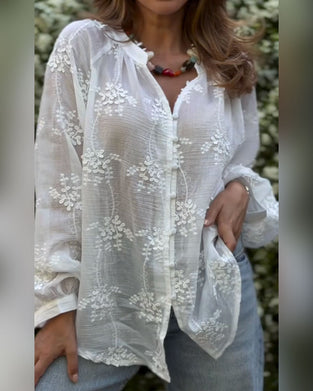 Long-Sleeved Three-Dimensional Floral Semi-Sheer Top