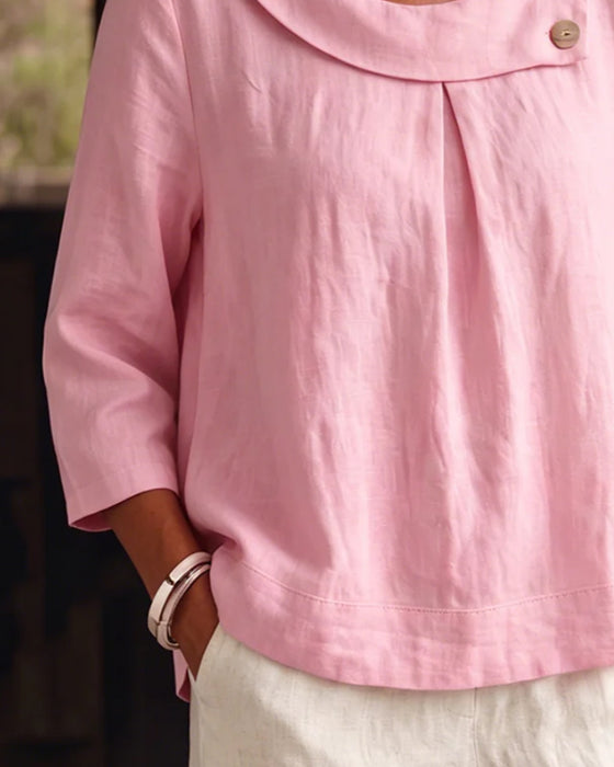 Rolled Hem Round Neck Button Loose Blouse