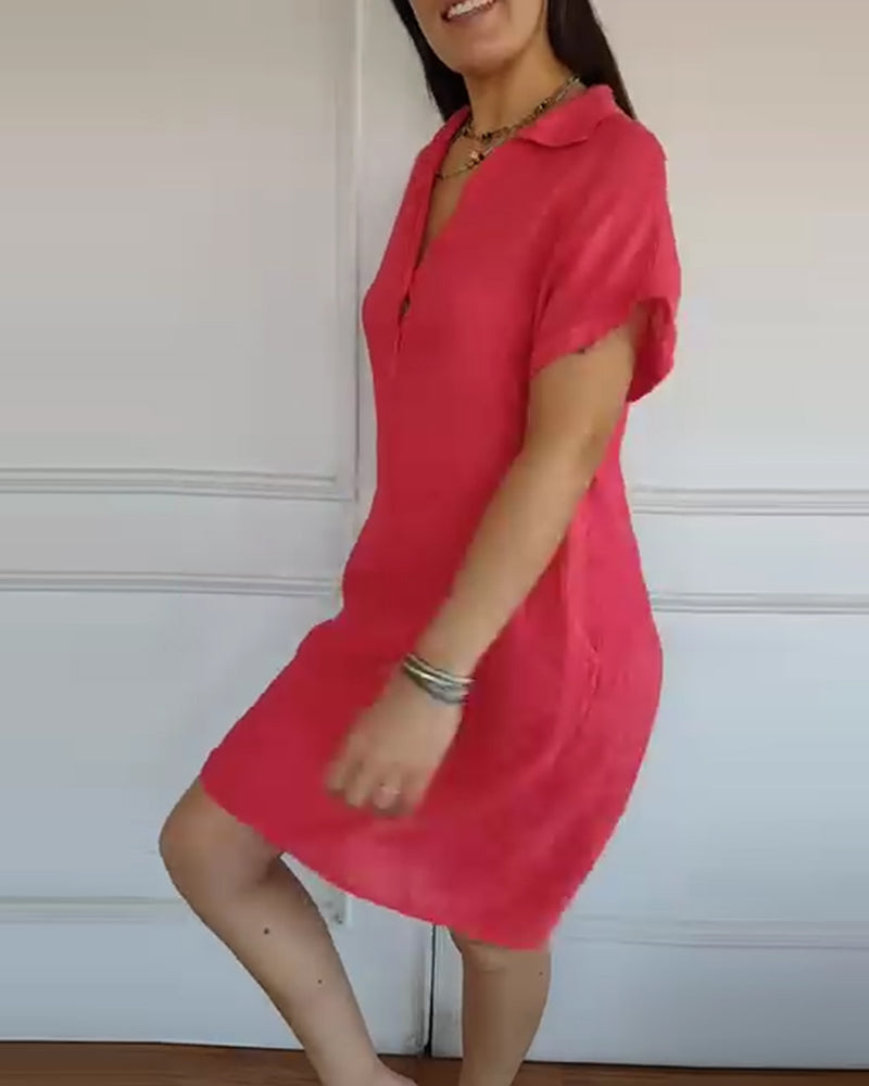 Button-Down Collar Short-Sleeved Solid Color Dress