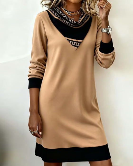 Cowl Neck Color-Block Patchwork Dress