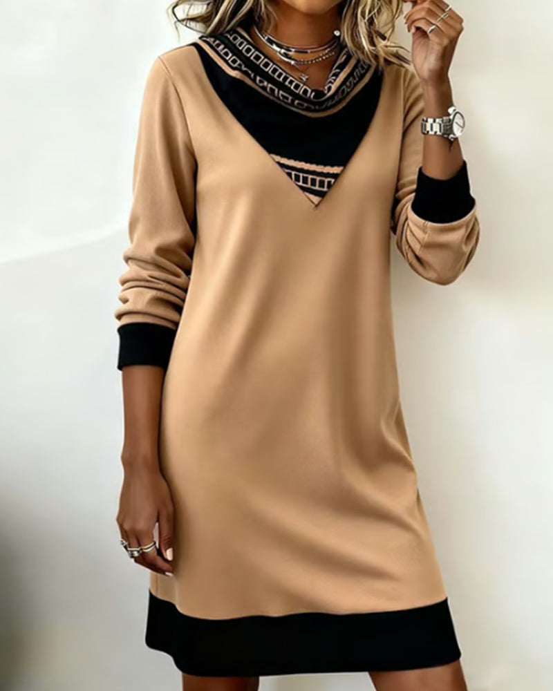 Cowl Neck Color-Block Patchwork Dress