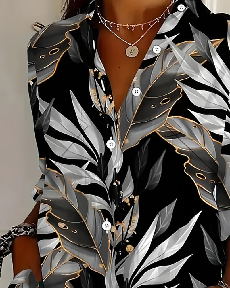 Leaf Print Long Sleeve Blouse