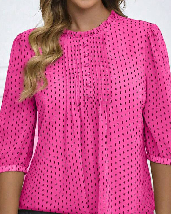 Ruffle Trim Loose Polka Dot Blouse