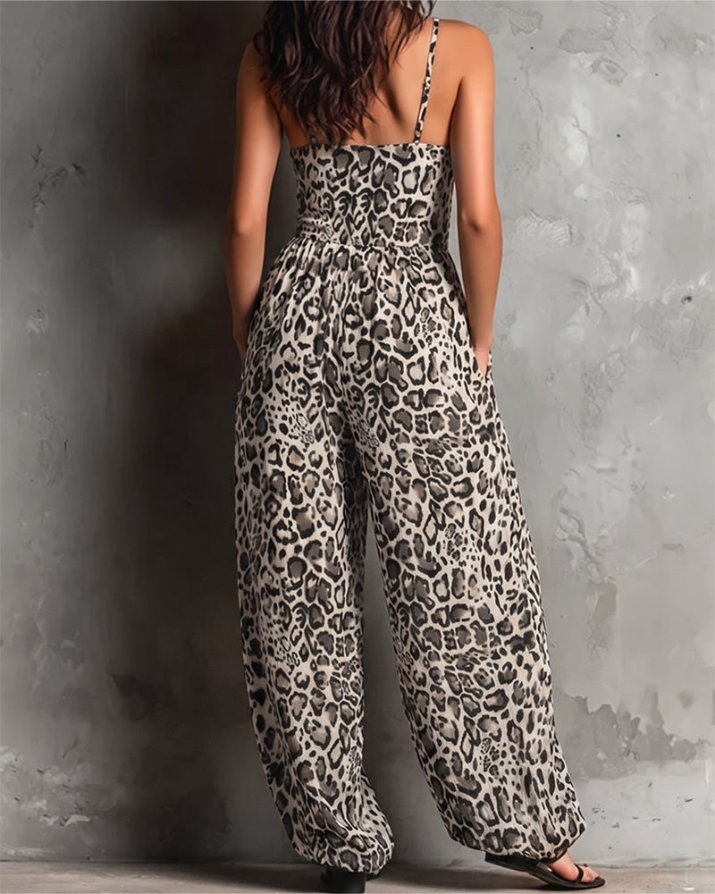 Leopard Print Suspender Wide Leg Jumpsuit