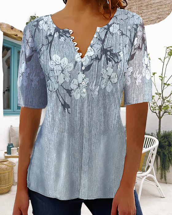 V neck button floral print short sleeve blouse
