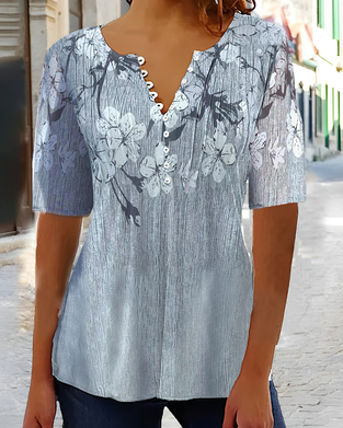 V neck button floral print short sleeve blouse