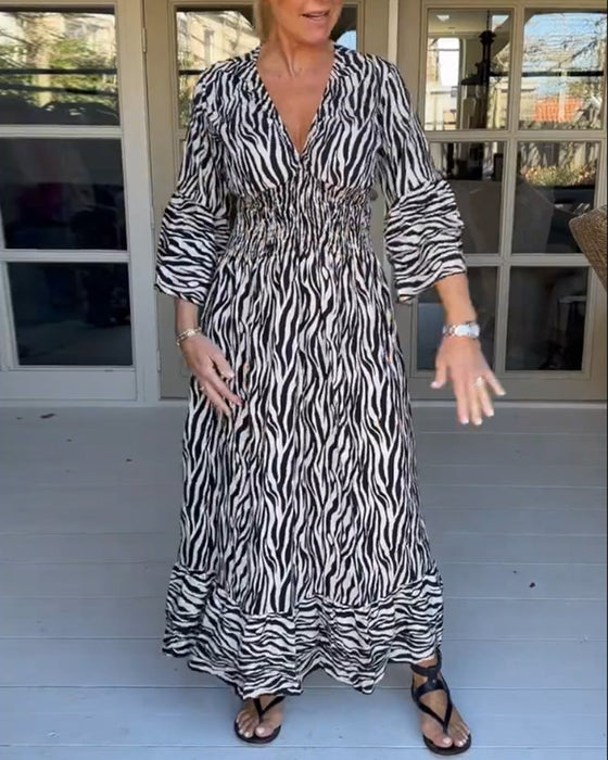 V-neck Striped Print Dress